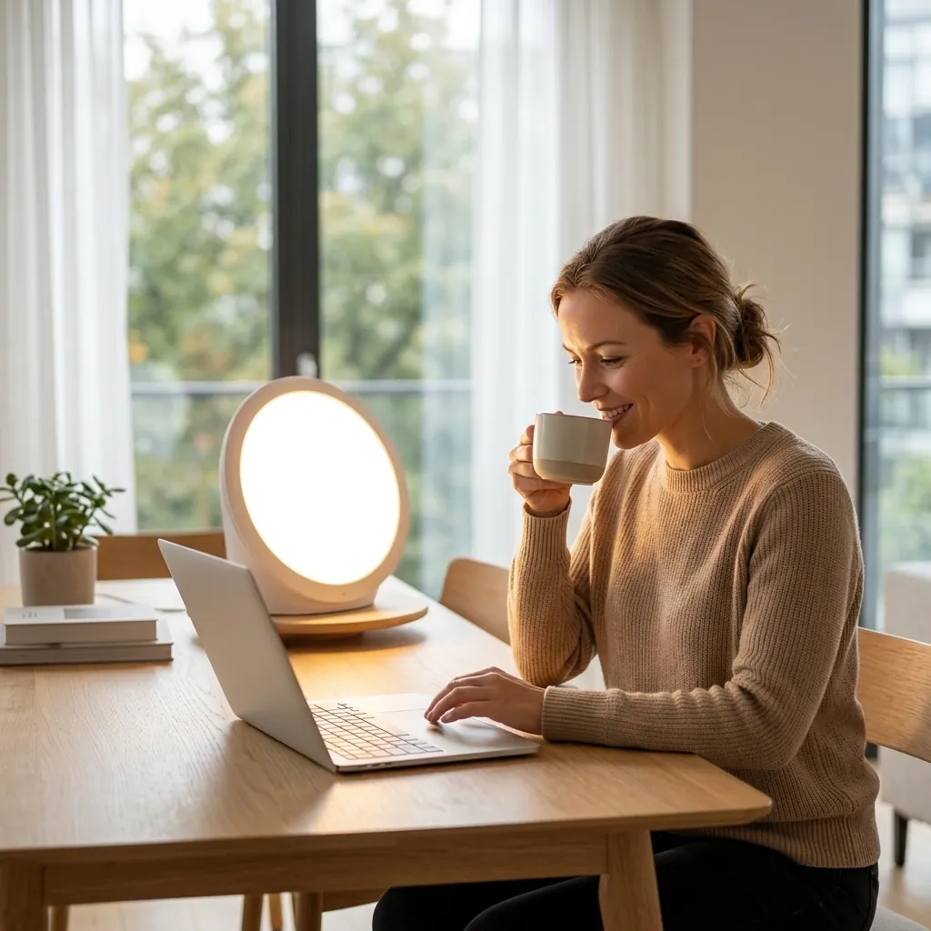 Woman drinking morning coffee with Sunniva Light glowing softly on breakfast table
