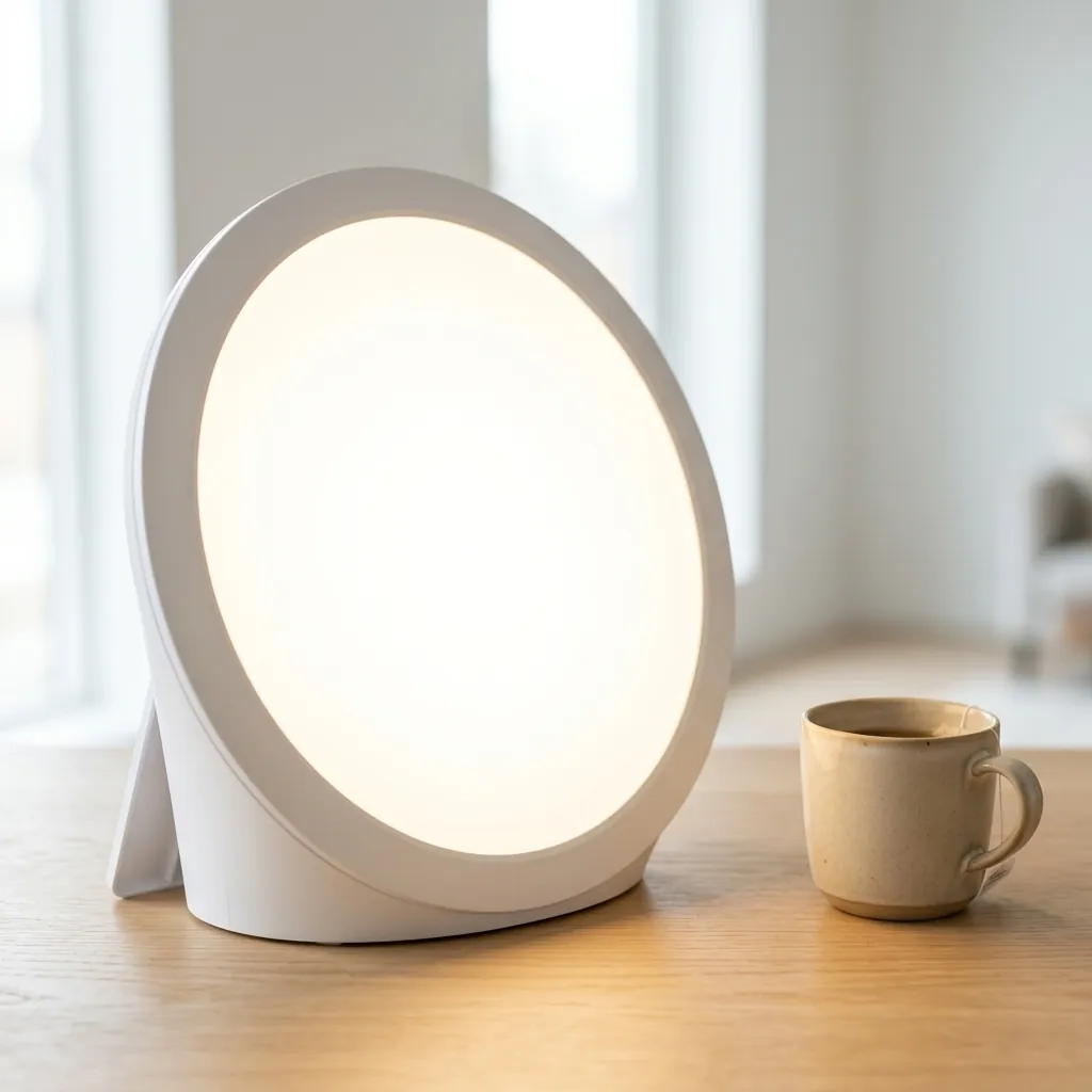 Sunniva Light 10,000 LUX Daylight Therapy Lamp on oak table