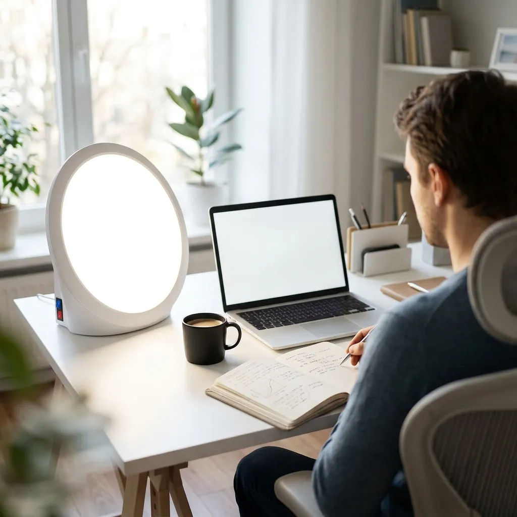 Working comfortably at laptop with Sunniva Light softly glowing
