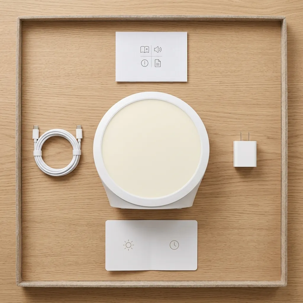Overhead flat lay of Sunniva Light, USB-C cable, adapter, and quick-start manual